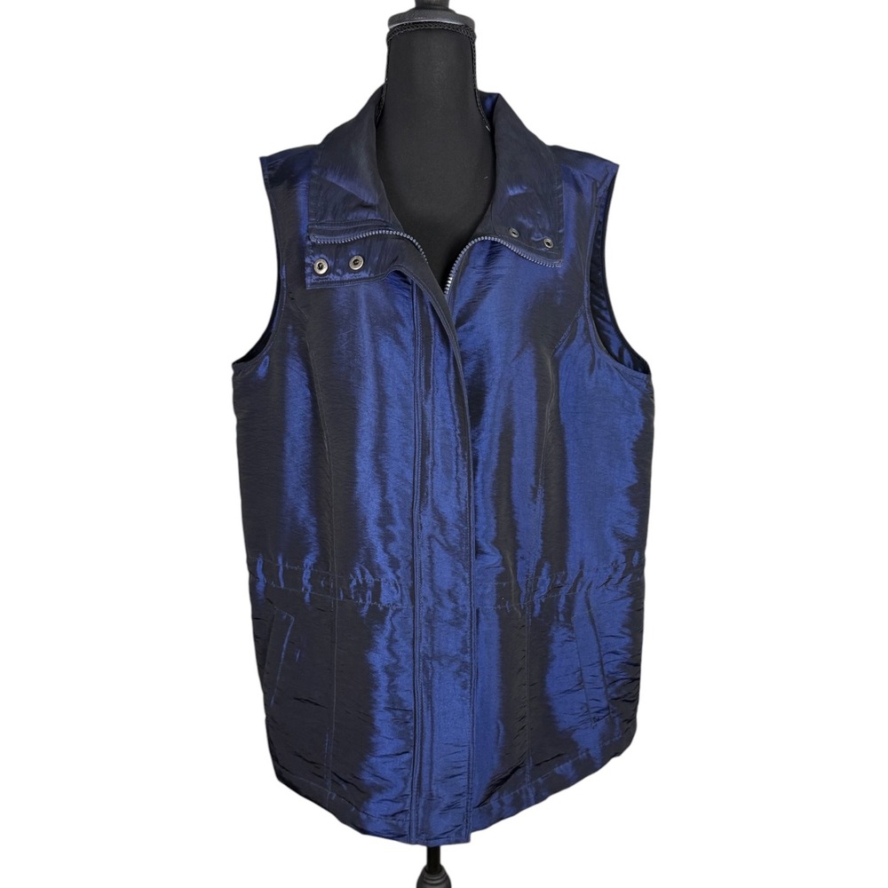 Coldwater Creek Navy Blue Iridescent Zip Up Vest Women Large L 14-16 Drawstring